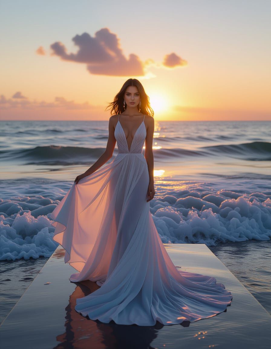 Ethereal Woman on Reflective Platform at Sunset