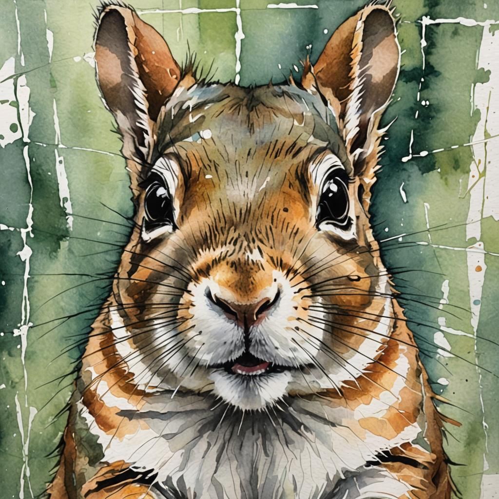 Squirrel Portrait with Abstract Grid Overlay in Watercolor