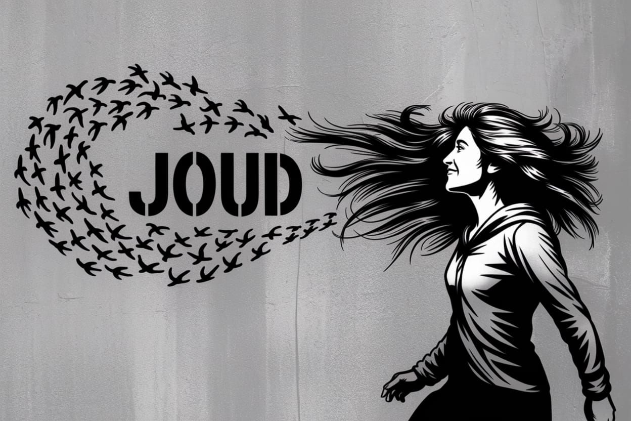 Stencil Graffiti Art of Woman Embracing Freedom with Wind an...