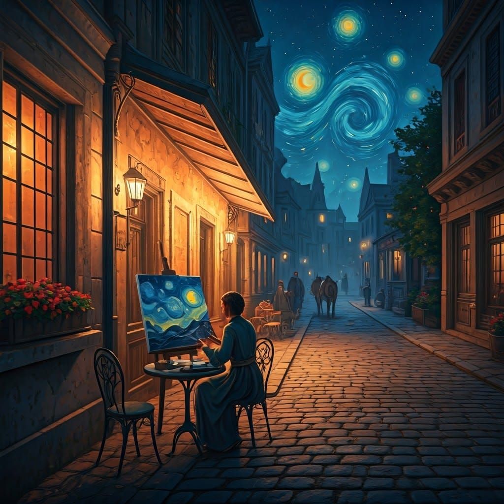 Village Cafe: Starry Night Painting in Concept Art Style