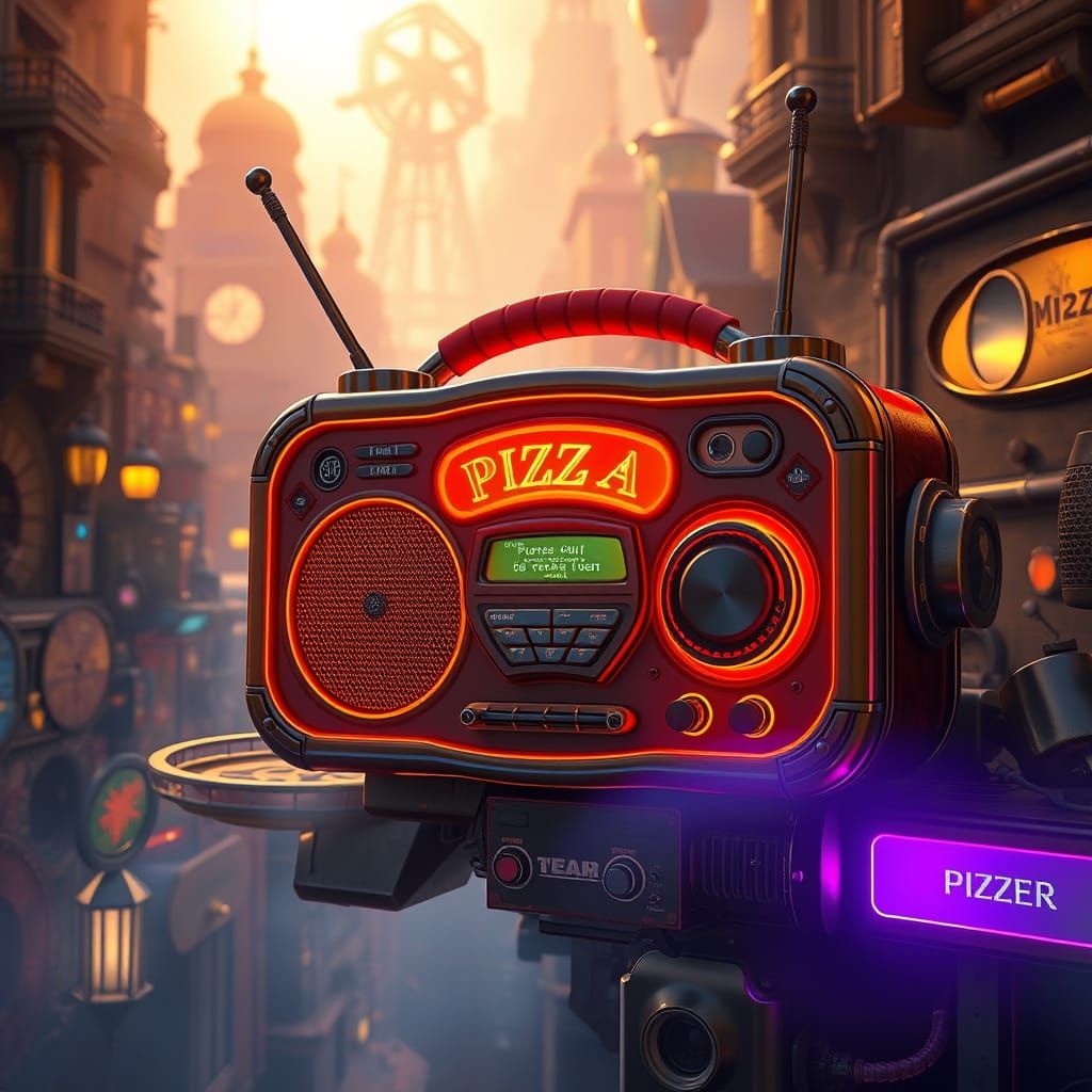 Surreal Pizza Radio in Steampunk Cityscape with Neon Futuris...