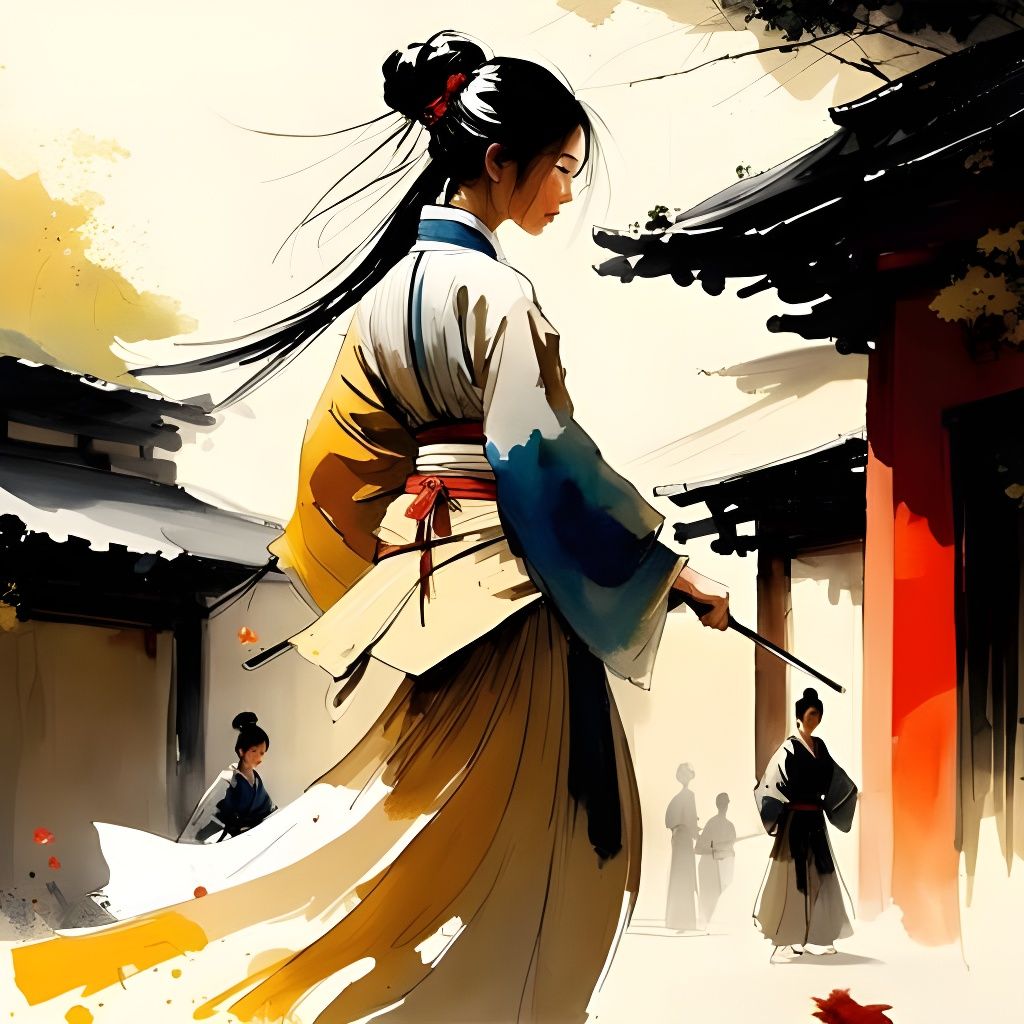 Wuxia Princess Martial Arts in Watercolour Style