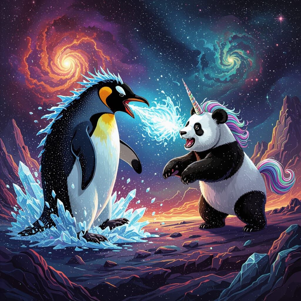 Penguin Dragon Attacks Unicorn Panda on Cosmic Landscape