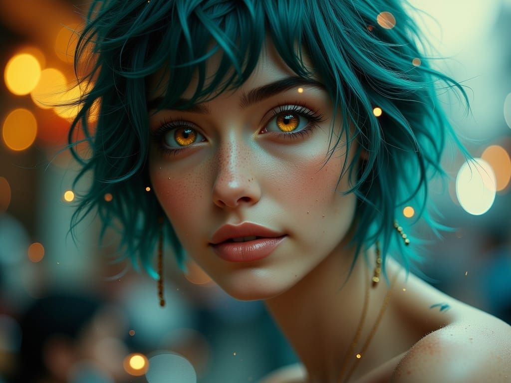 K-Pop Idol with Glowing Eyes and Teal Hair in Dynamic Pose