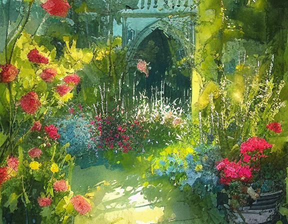 Sunlit Garden in Shadow, Watercolor Style