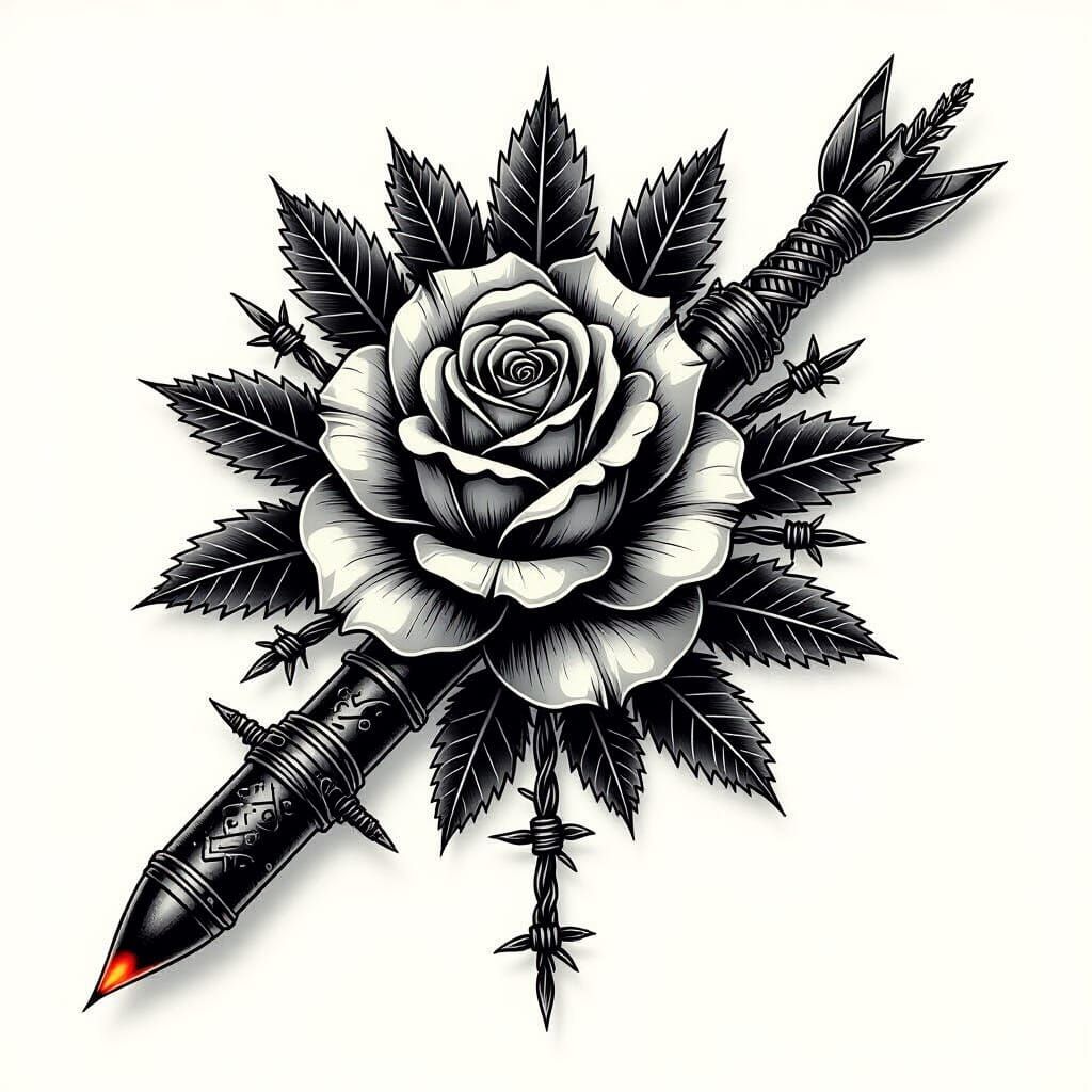 90s Tattoos: Rose, Barbed Wire, Rocket in Black Ink