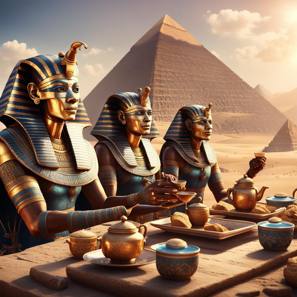 Egyptian Mummies Tea Party: Detailed Fantasy Art