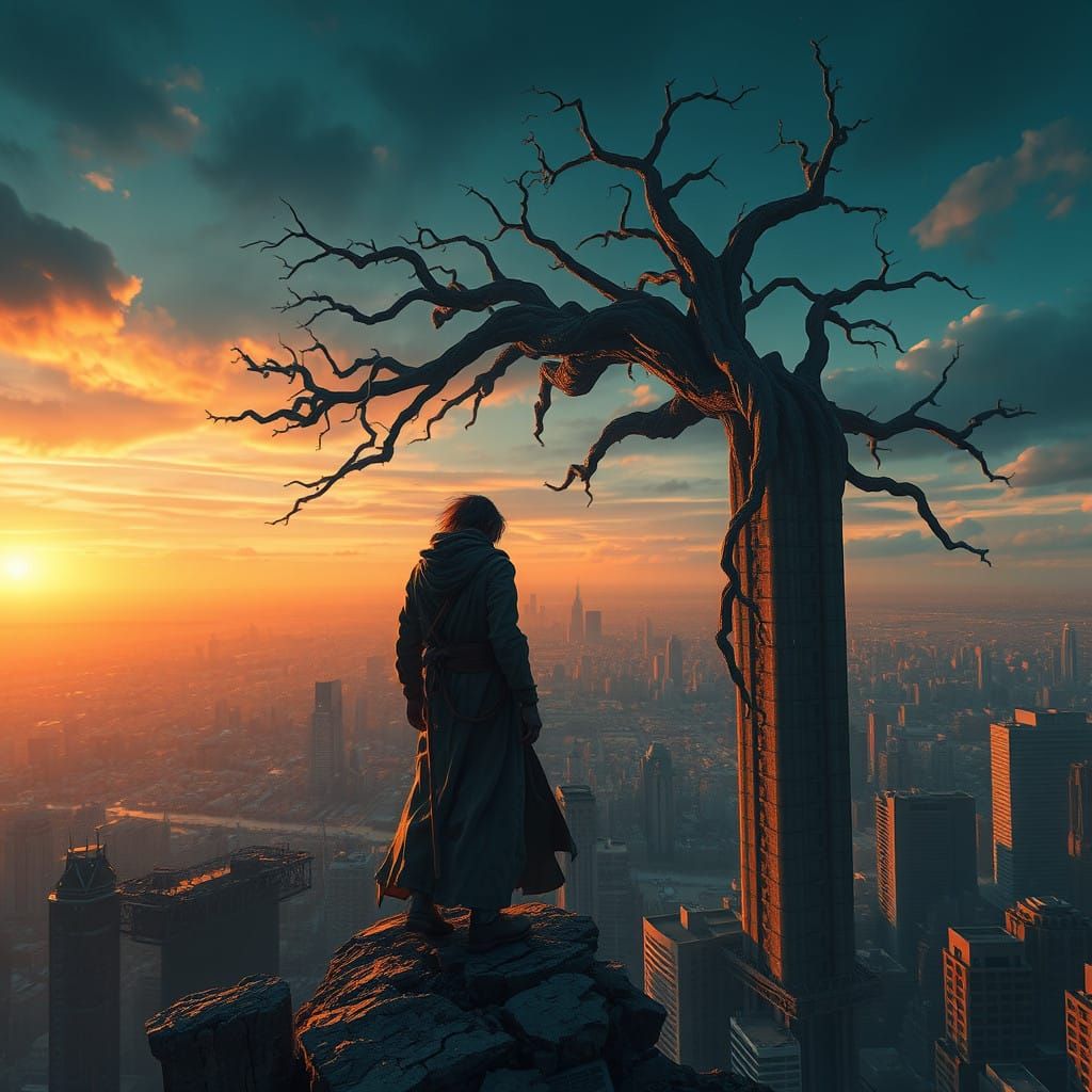 Survivor Stands Amidst Ruins in Cyberpunk Cityscape