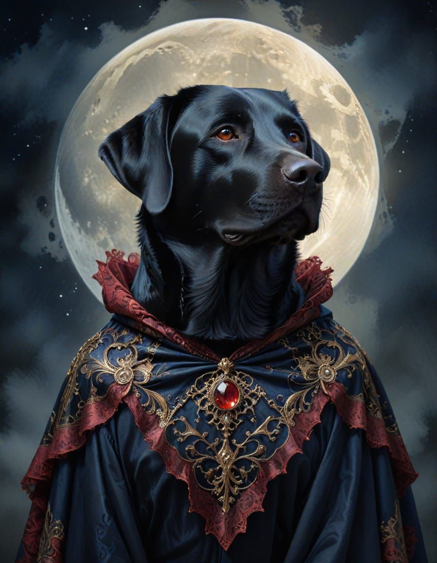 Labrador in Vampire Cape Under Full Moon