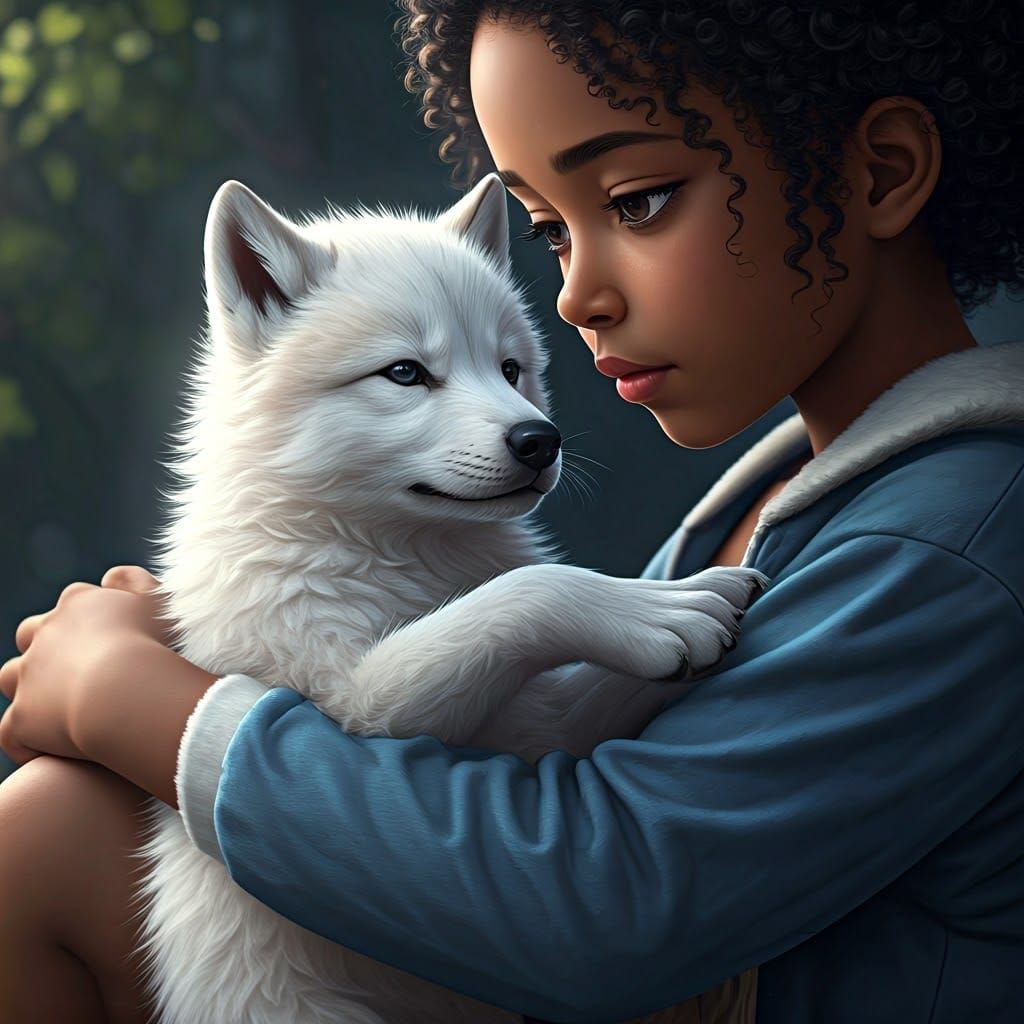 Anime Style: Girl with Baby Snow Wolf