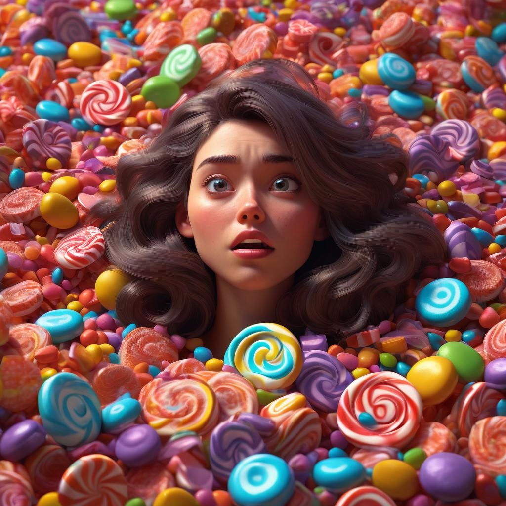 Girl Overwhelmed by Candy: Pixar-Style Digital Art