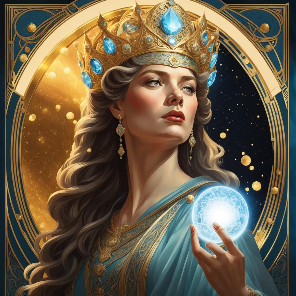 Photorealistic isometric painting of a powerful Queen reachi...