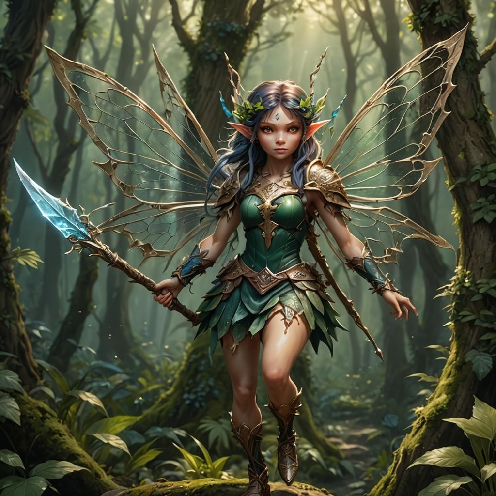 A fairy sprite armed with a spear.