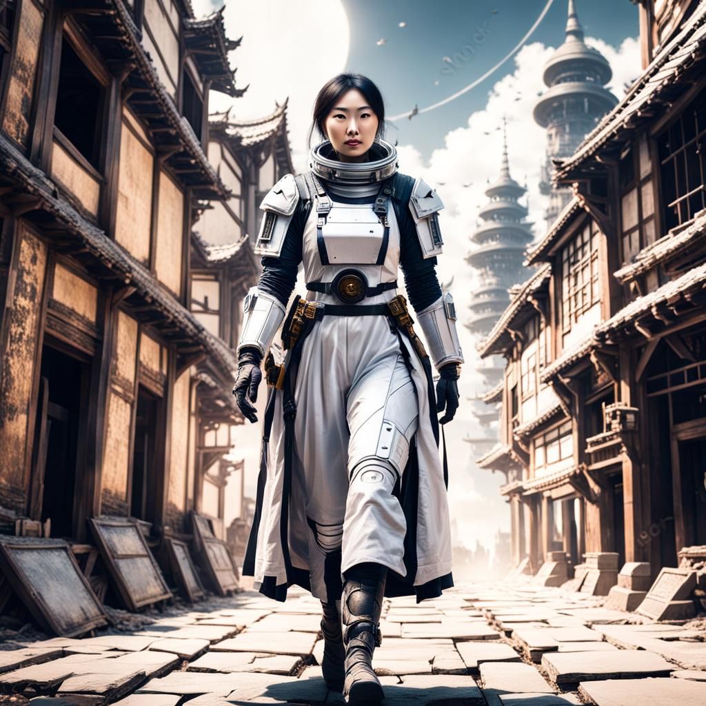 Asian Woman Astronaut in Sci-Fi Medieval City