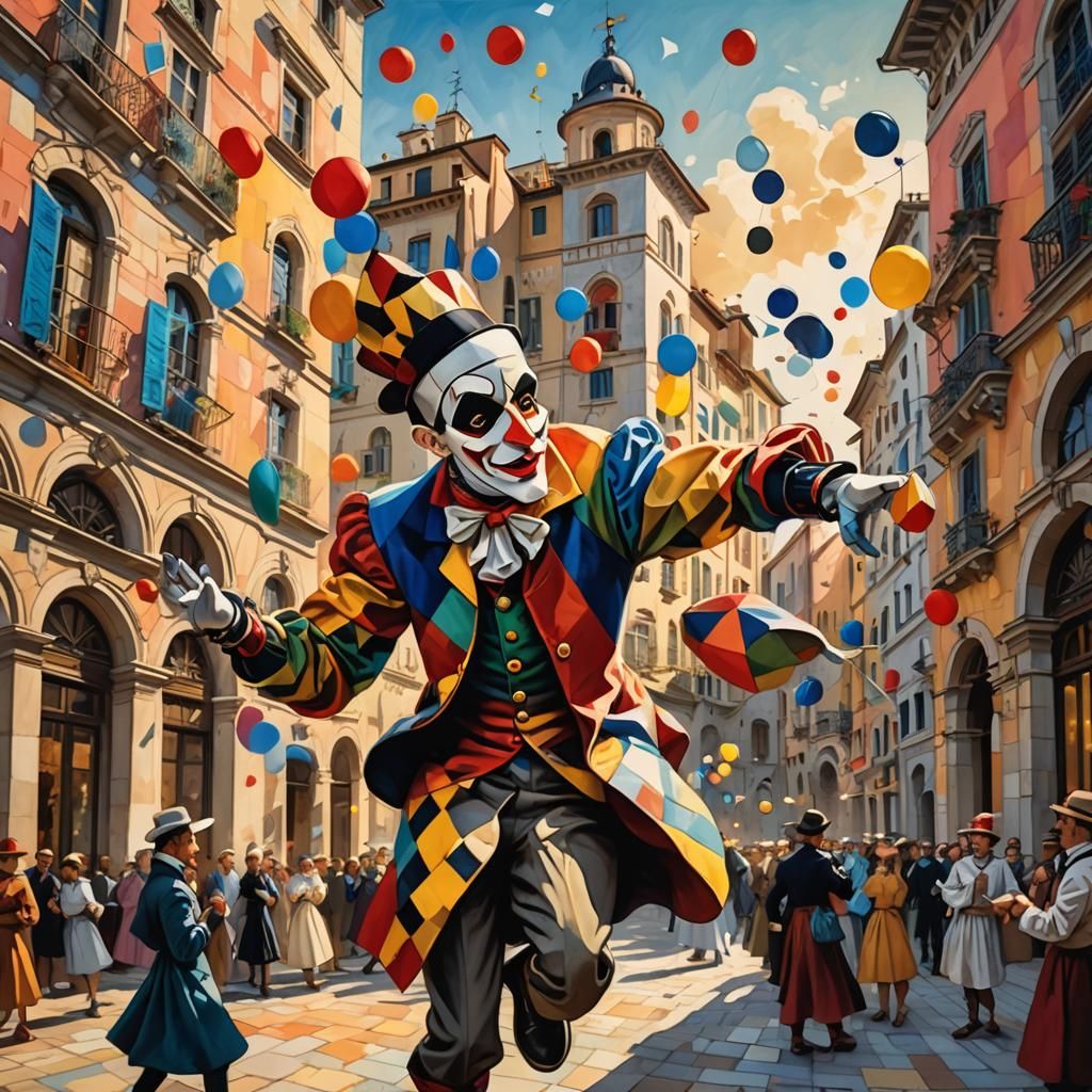 Colorful Harlequin character juggling oversized masks, in a ...