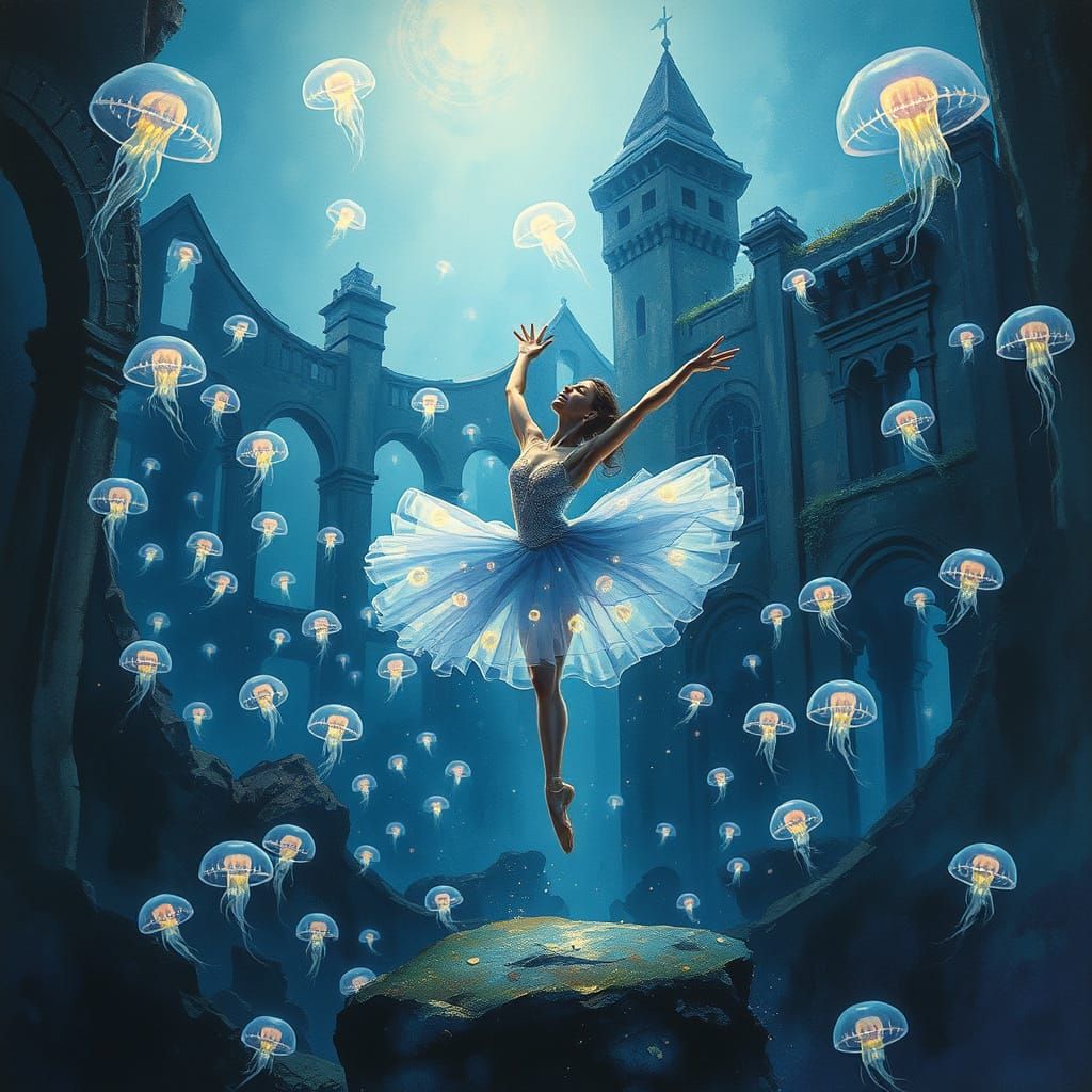 Ballet Dancer in Sunken City with Bioluminescent Flora