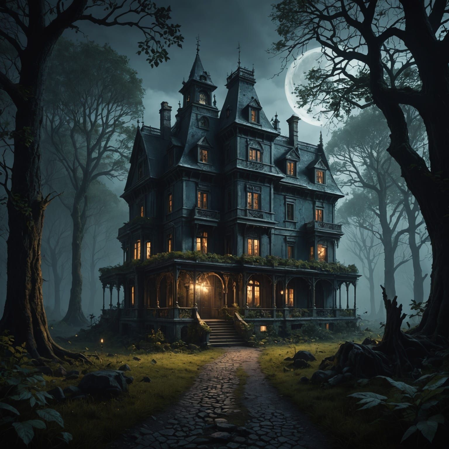 Haunted House Surrounded by Dark Forest, Matte Painting