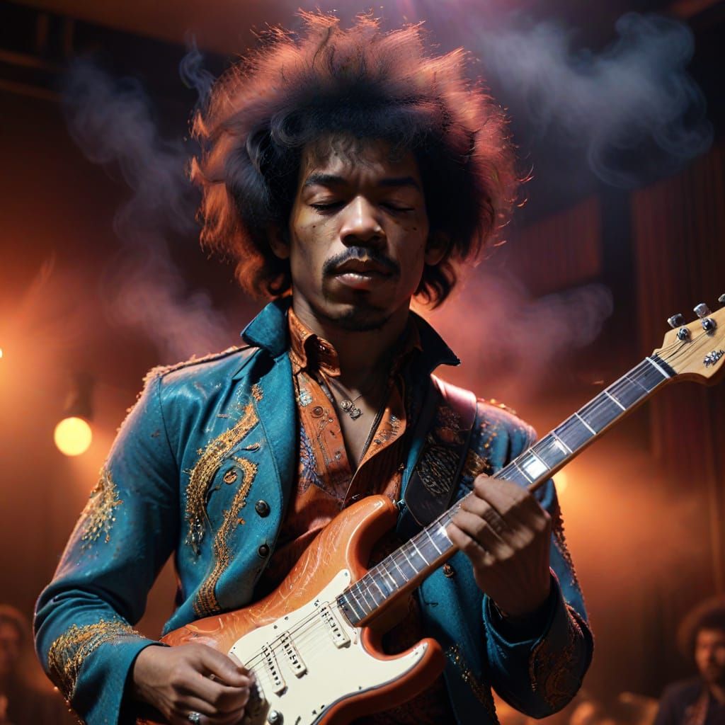 Jimi Hendrix on Stage in Psychedelic Lighting