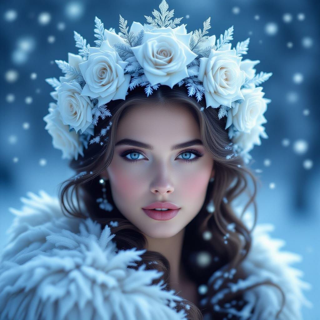 Winter Queen with Frosted Rose Crown, 8K Cinematic Portrait