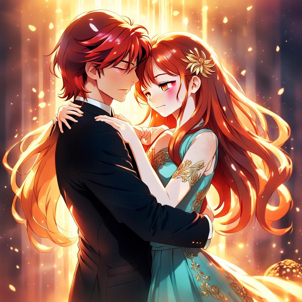 Romantic Anime Couple Embrace in Golden Light