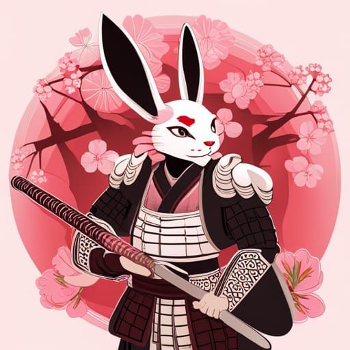 Samurai Rabbit in Traditional Armor with Cherry Blossoms