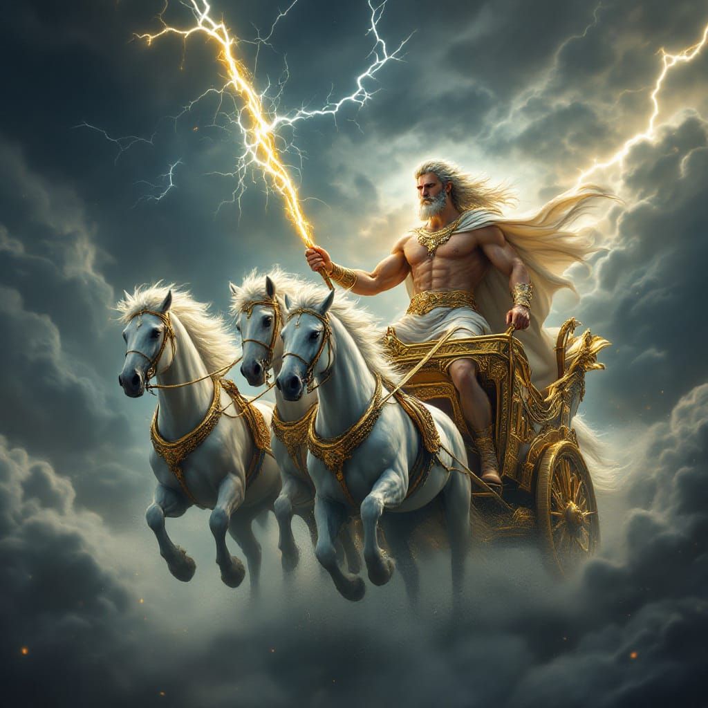 Zeus on Golden Chariot Amidst Lightning Storm