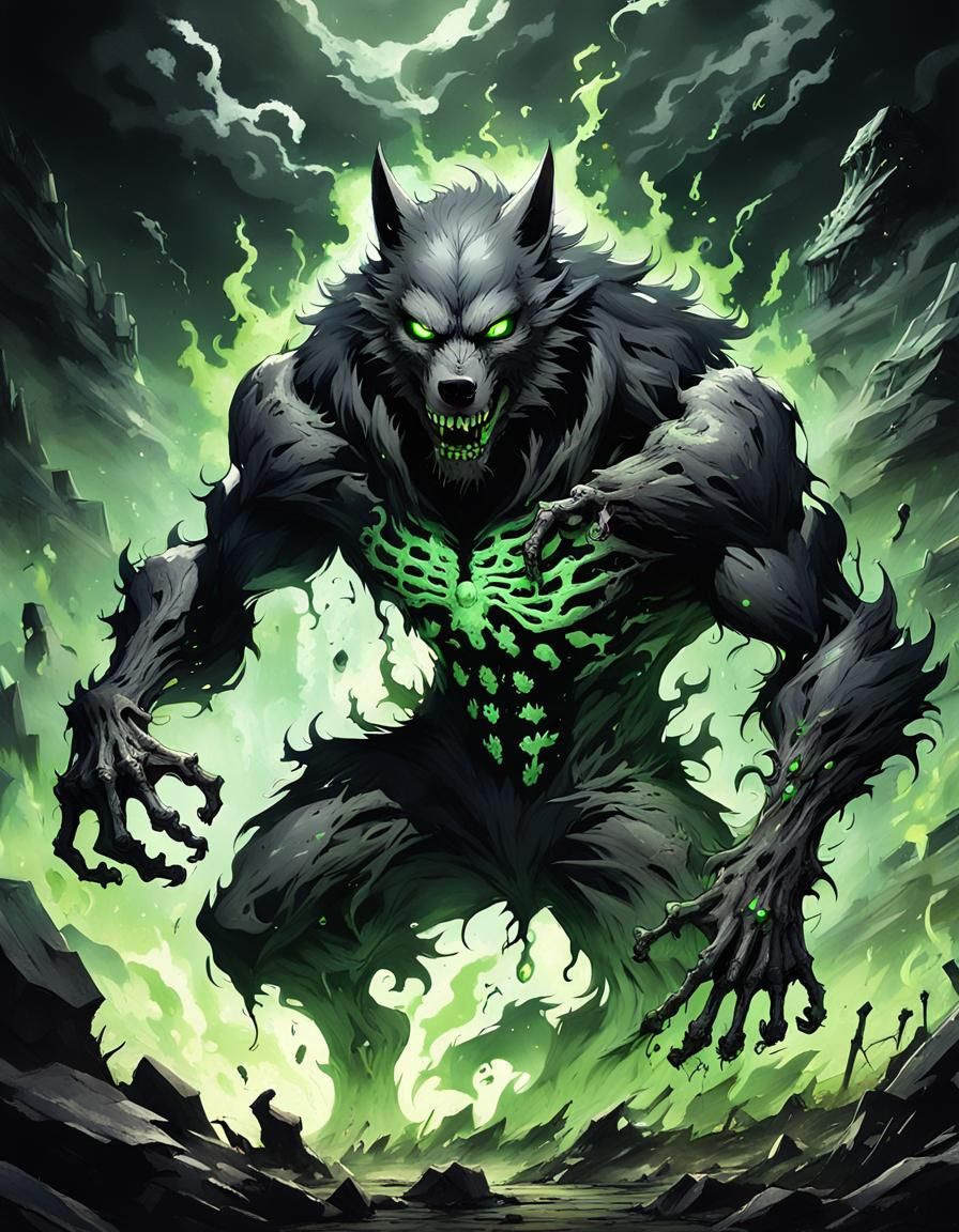 Decayed Werewolf with Glowing Eyes in Anime Style
