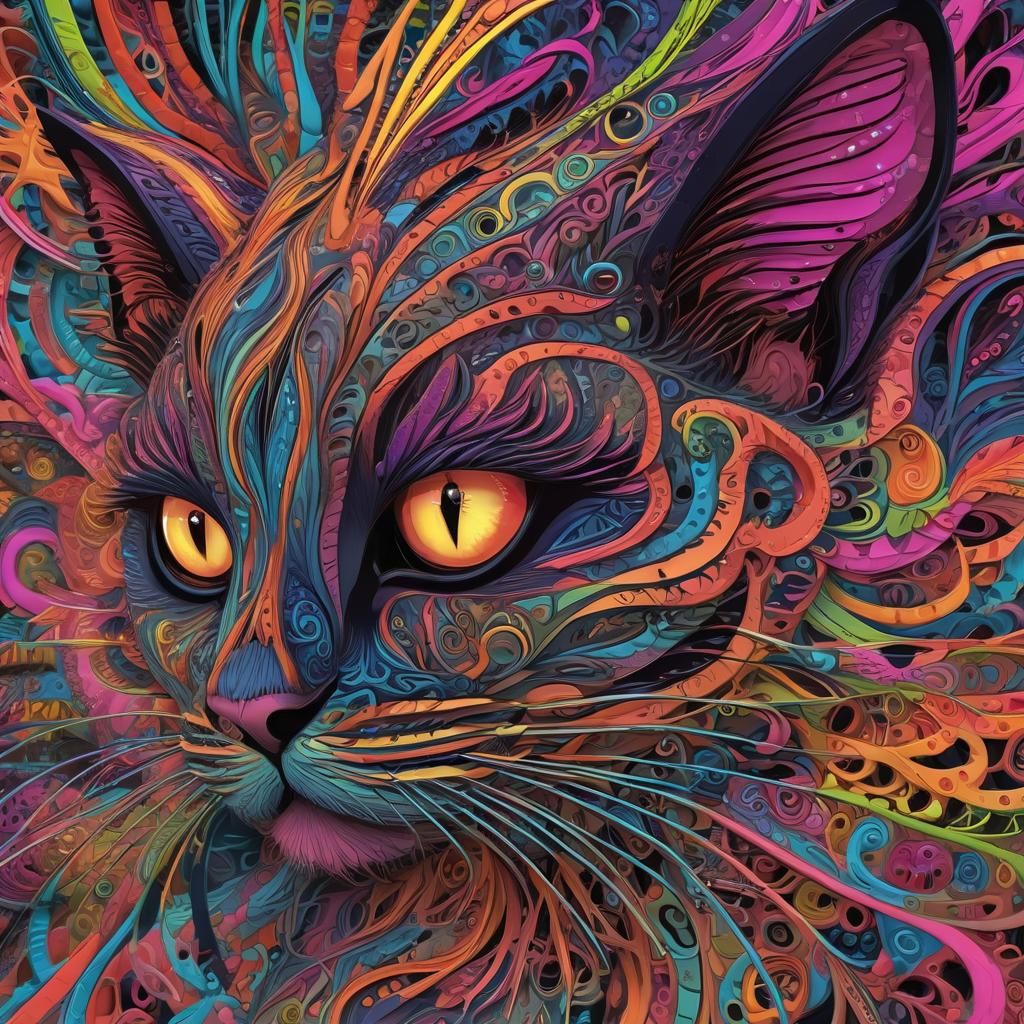 Neon Cat Amidst Swirling Fractals: Abstract Expressionism