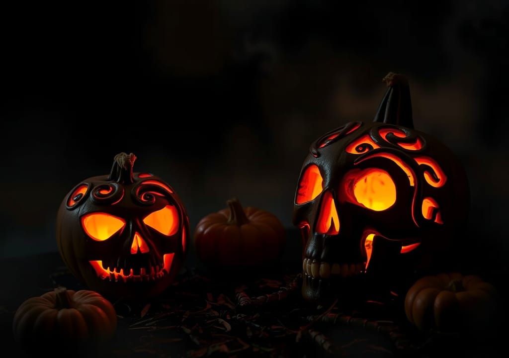Mystical Halloween Scene with Pumpkins and Skulls