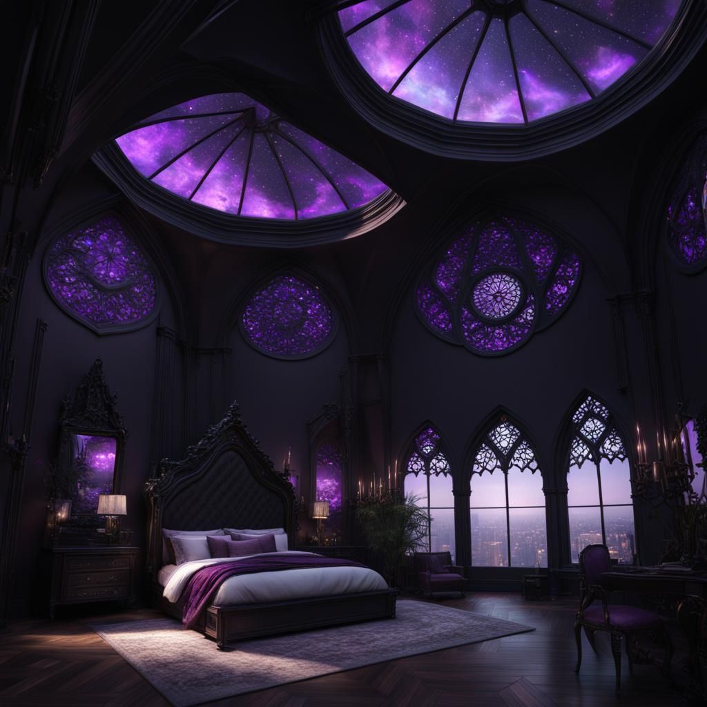 Beautiful skylight gothic bedroom black walls beautiful skylight windows& black gothic bed with purple accents& lots of ...
