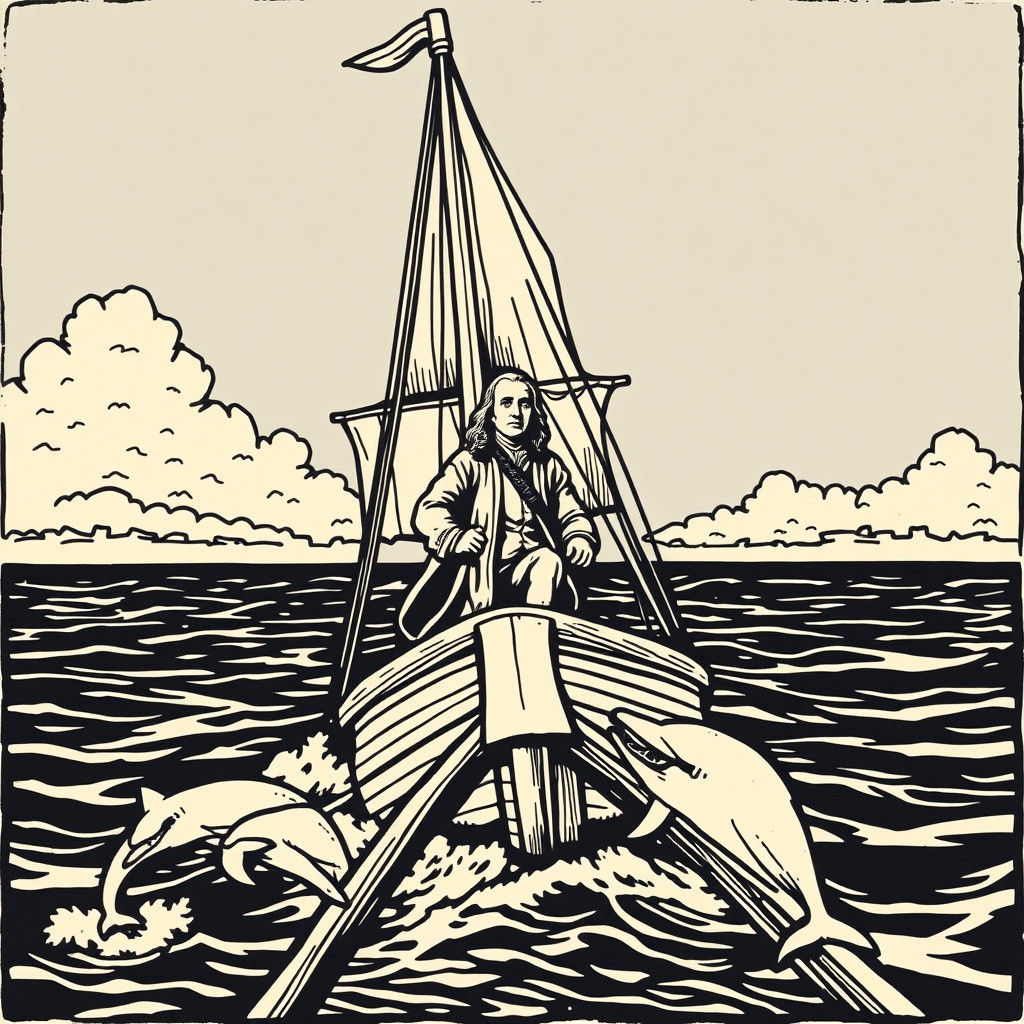 Ben Franklin on Sailing Ship, Woodcut Style