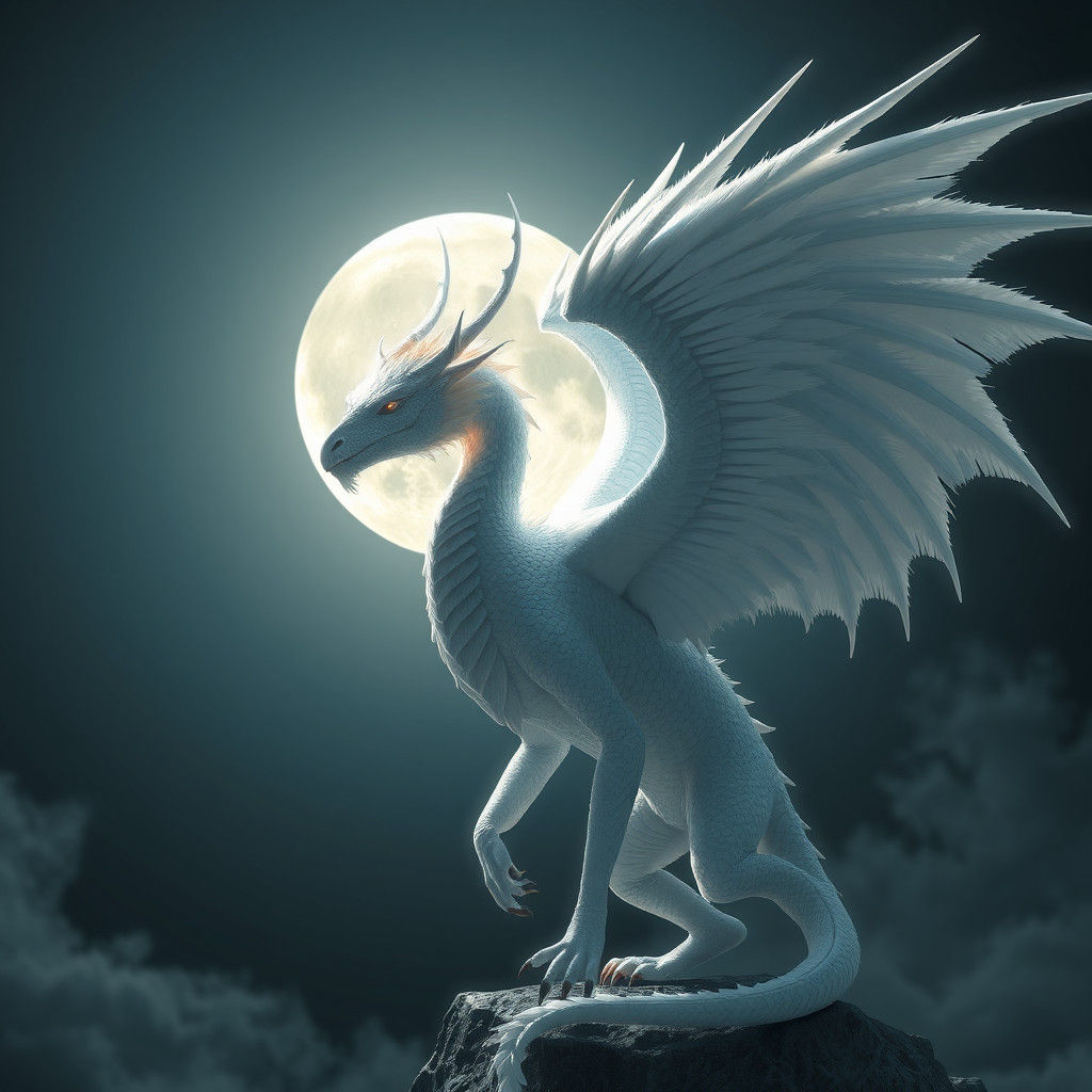 White Angel Dragon Against the Moon in 3D Anime Art