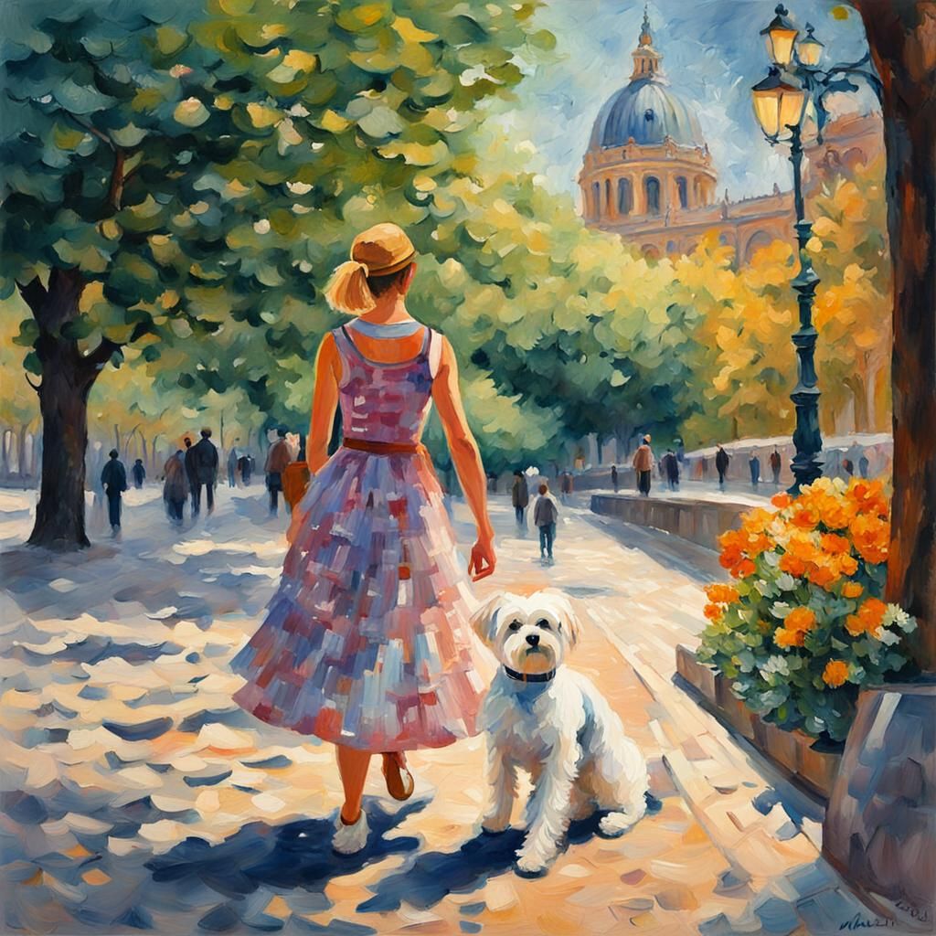 Girl with Maltese Dog in Budapest: Gouache Watercolor