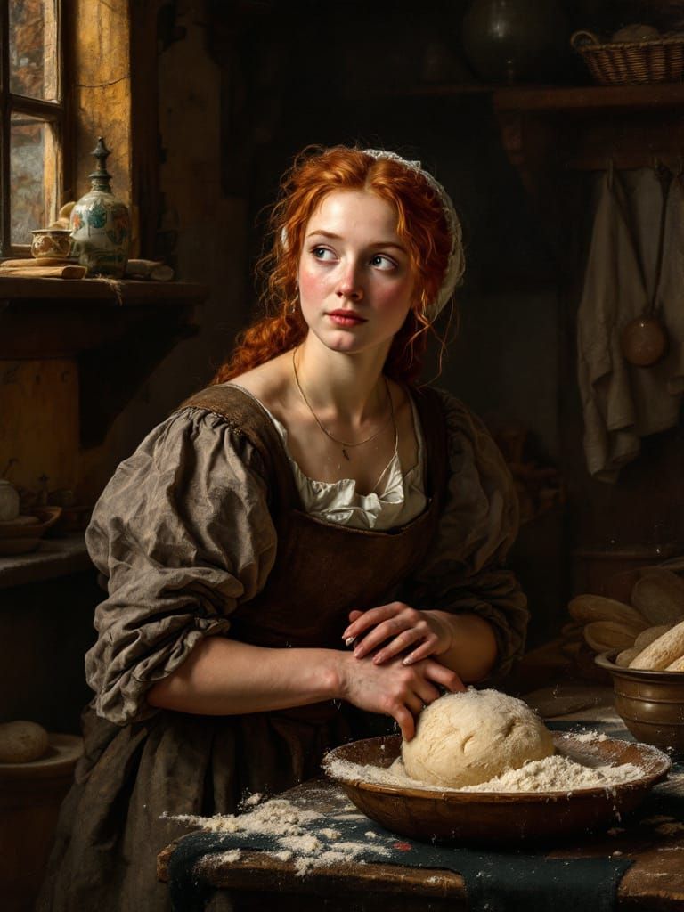 Redhead Baker in Golden Hour Kitchen, Romantic Realism