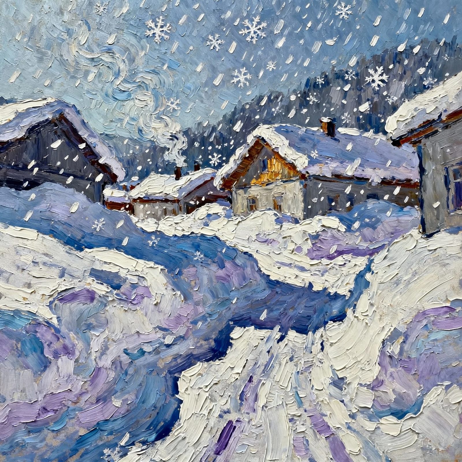 Impasto Painting of Remote Snowy Town