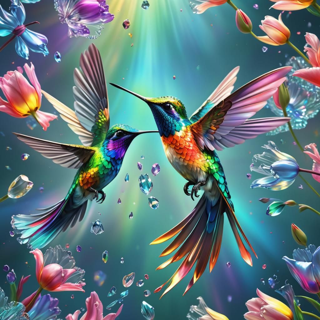 Iridescent Hummingbird with Crystal Tulips, Fractal Art