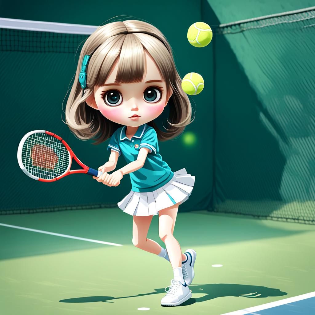 Cute Blythe Doll Playing Tennis: 2D Anime Illustration