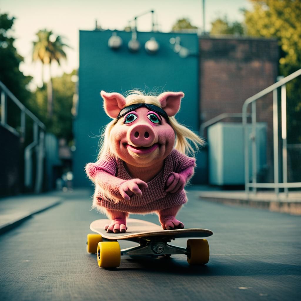 Miss Piggy Skateboarding: Cinematic Film Still