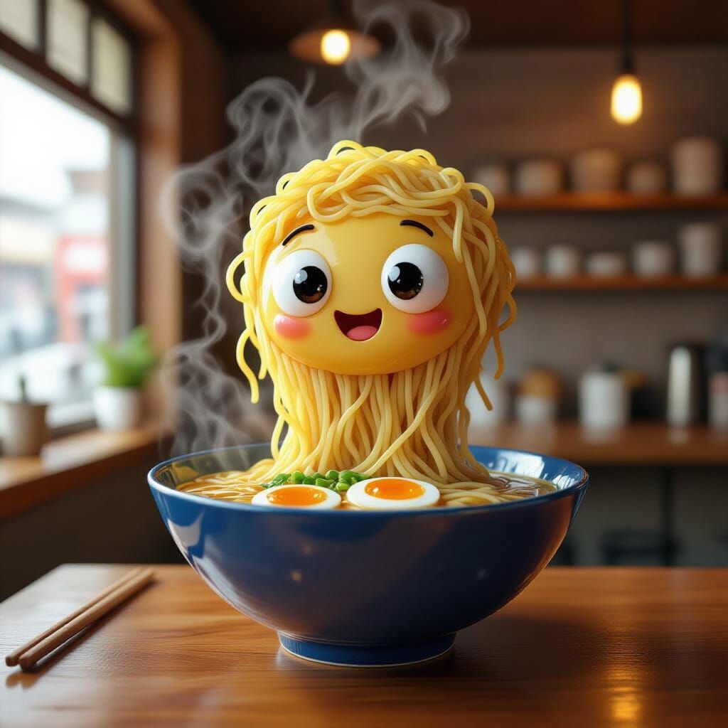 Cute Ramen Spirit with Noodle Hair in Energetic Digital Art