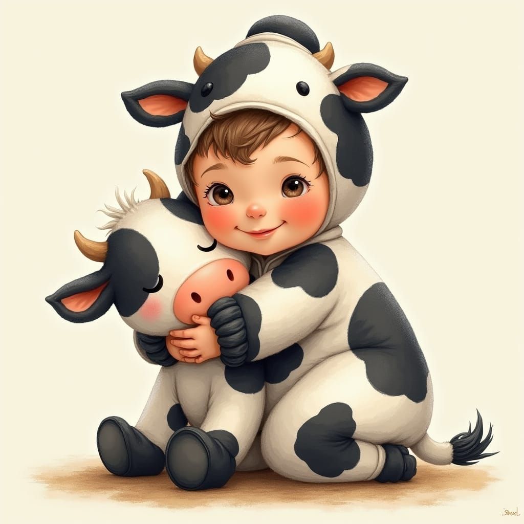 Adorable Jewish Baby Boy Hugs a Real Black and White Cow