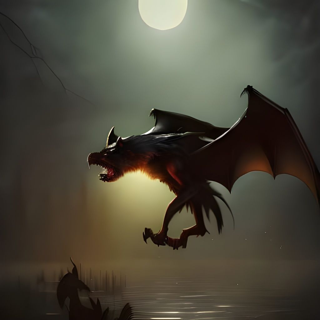 Winged Werewolf-Bat Soars Above Moonlit Docks