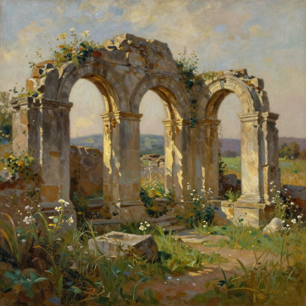 Ancient Ruins in Sunlit Rural Landscape