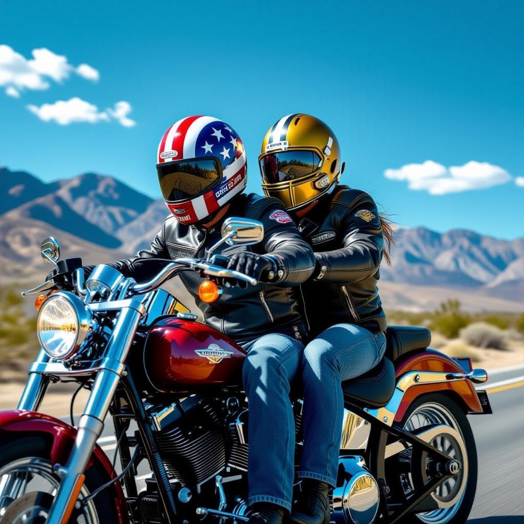 Men on Chopper Motorcycle with Patriotic and NFL Helmets