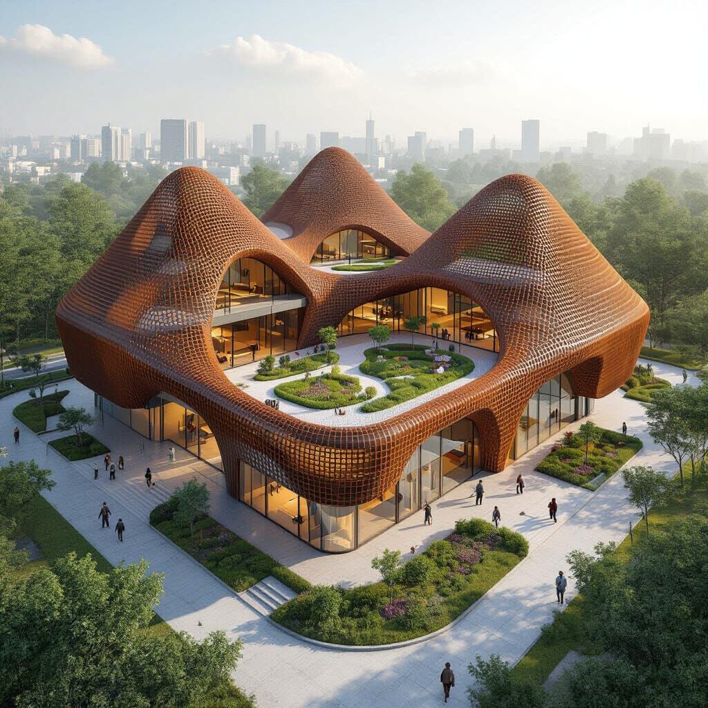 Futuristic School Design: Intersecting Pyramids in Rusty Met...