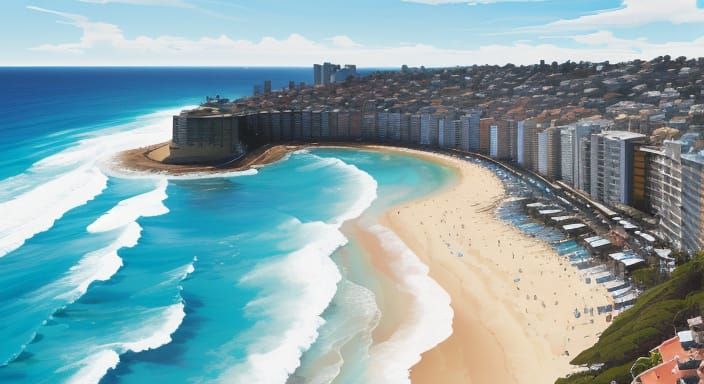 Vibrant Bondi Beach Scene in Whimsical Watercolor Style