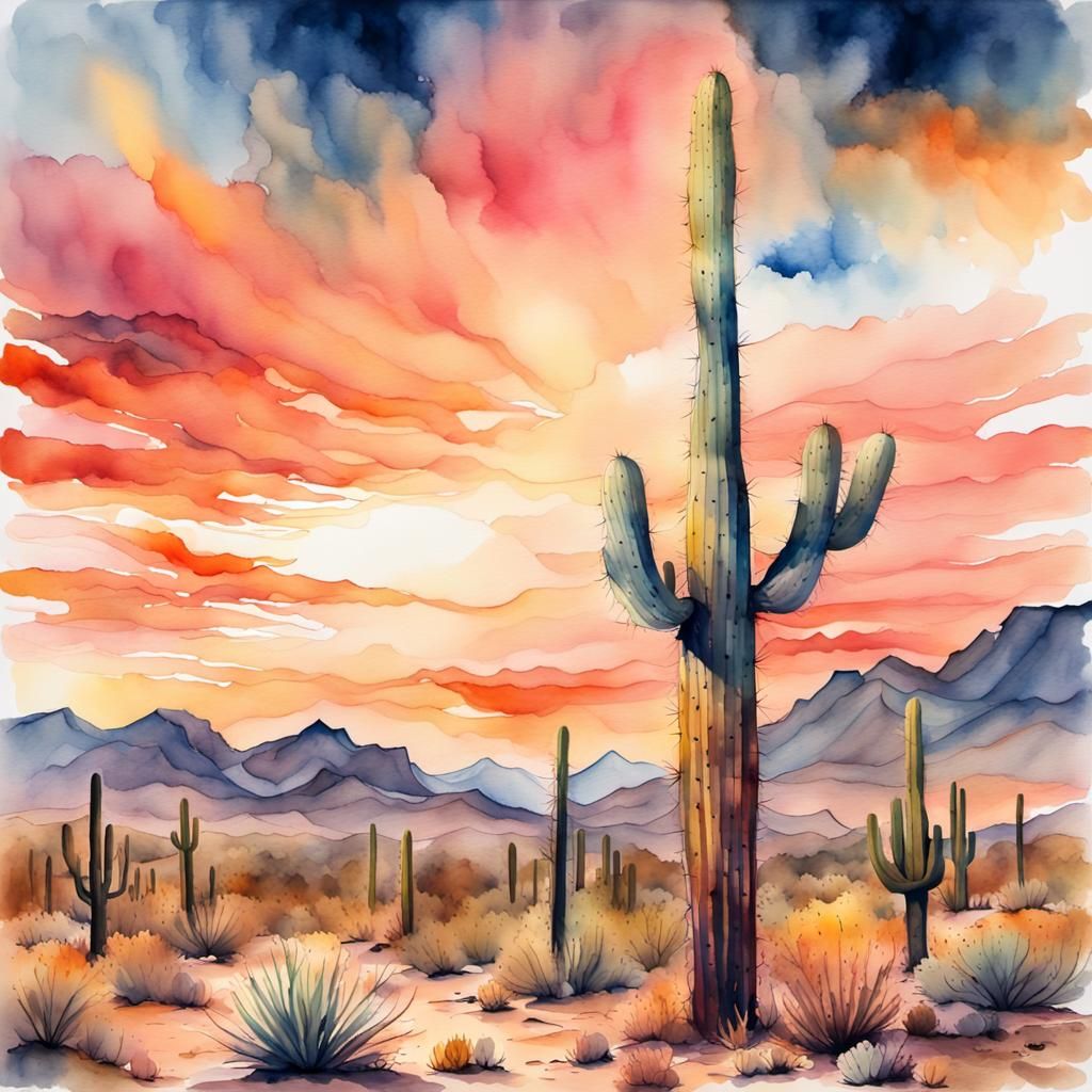 Sonoran Desert Saguaro Cactus in Watercolor and Ink