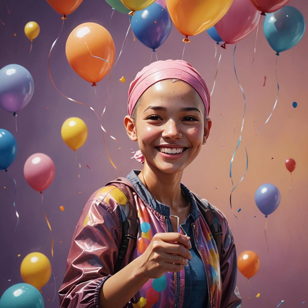Girl with Balloon Smiling in Hyperrealistic Style