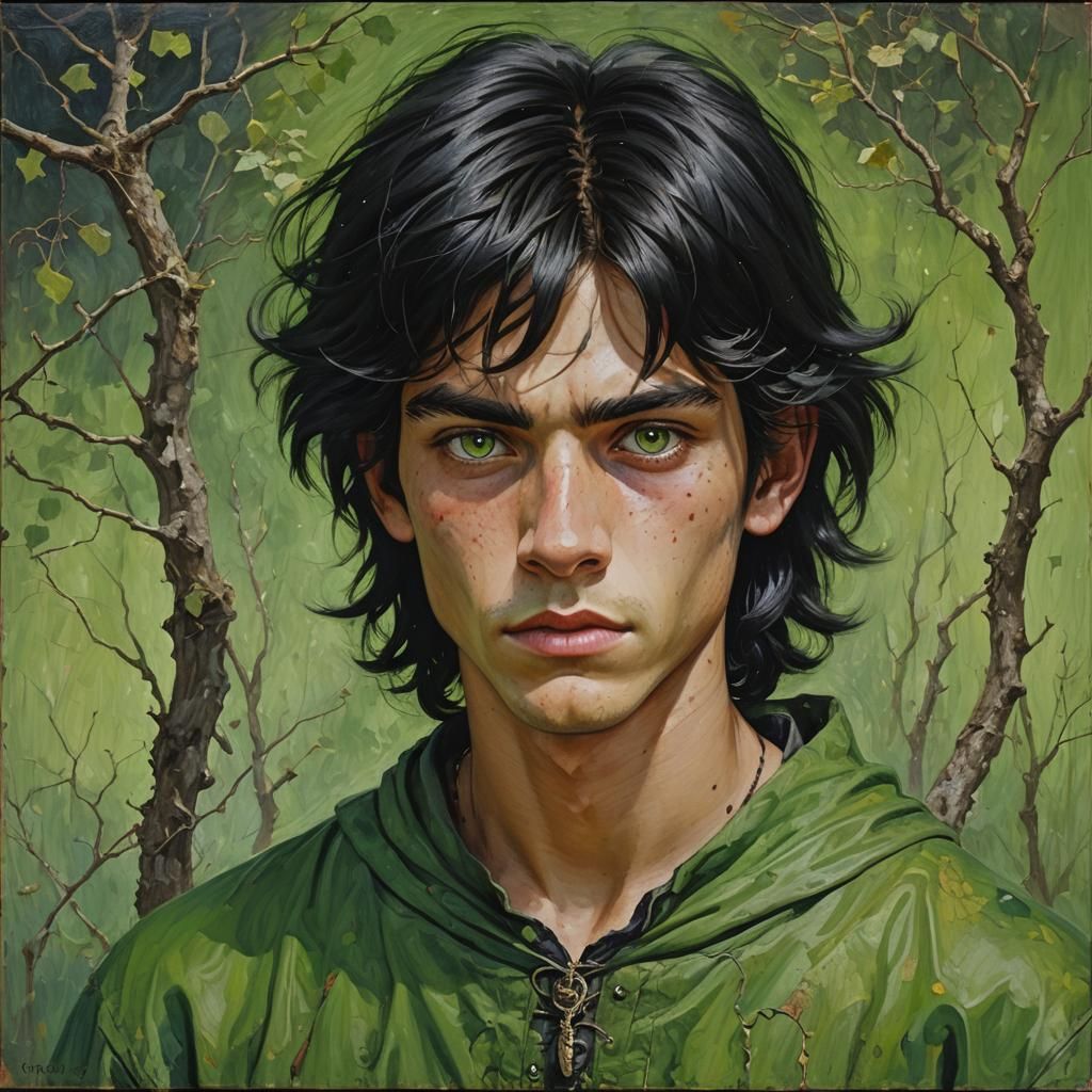 Young Black-Haired Witch in Oil Painting Style