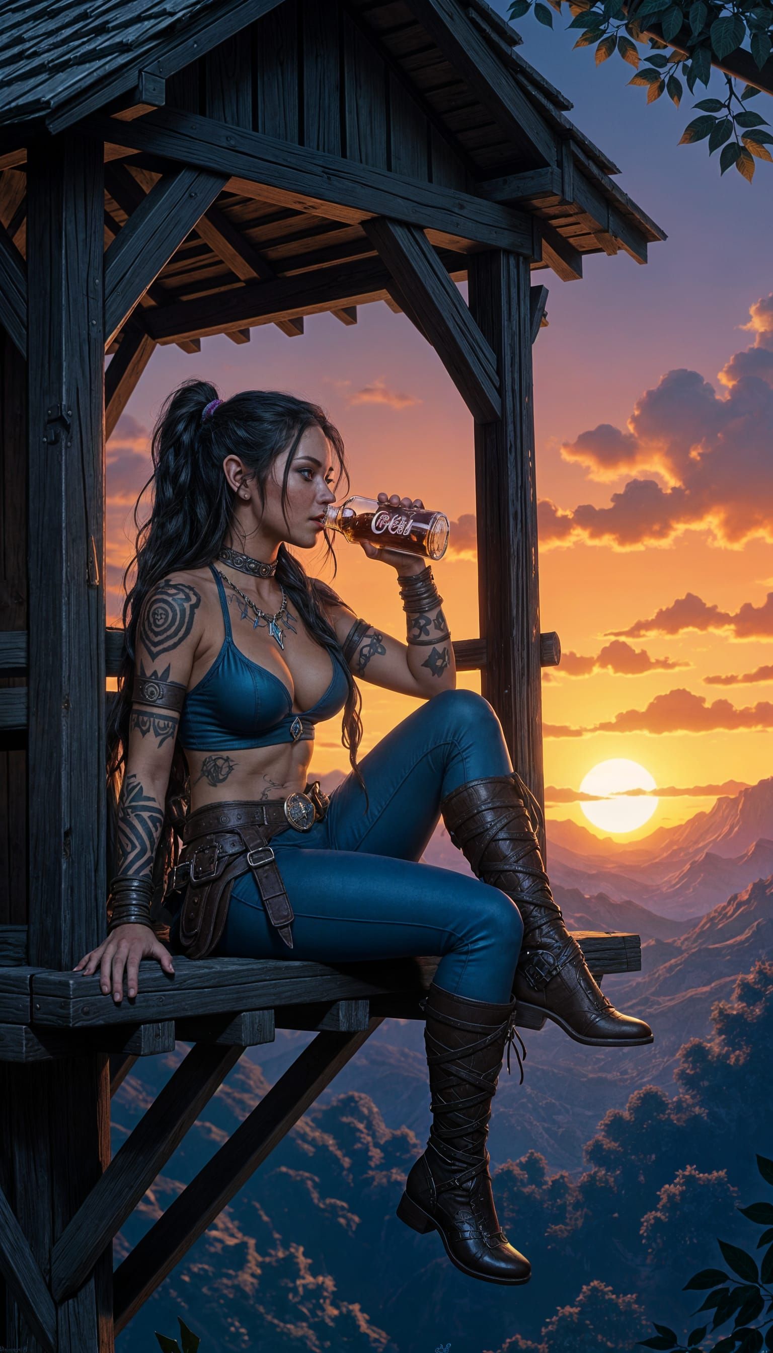 Fantasy Halfling Assassin Drinks Coke at Sunset