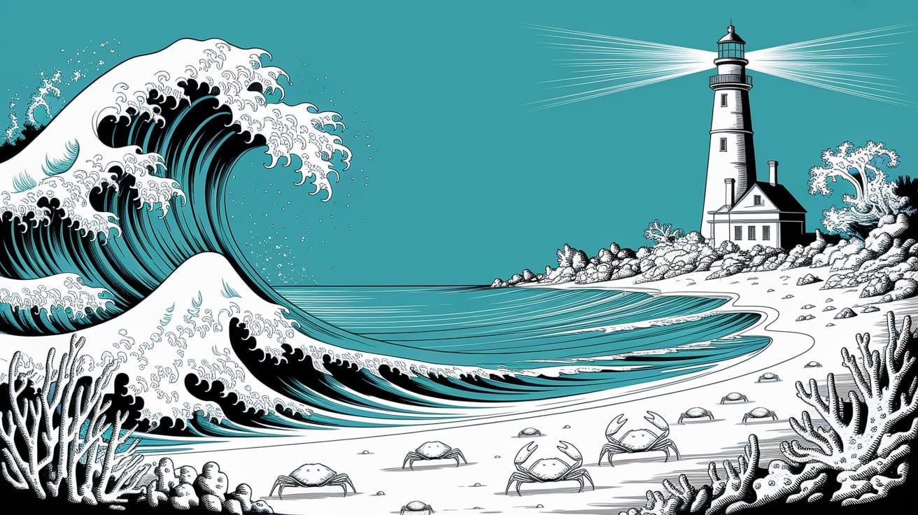 Turquoise Ocean Scene Ink Drawing with Lighthouse